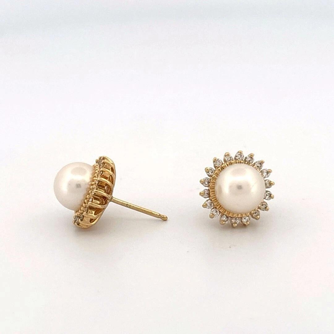 Brilliant Cut Genuine Akoya Pearl & 7mm .30CTW Diamond 14K Yellow Gold Halo Stud Post Earrings For Sale