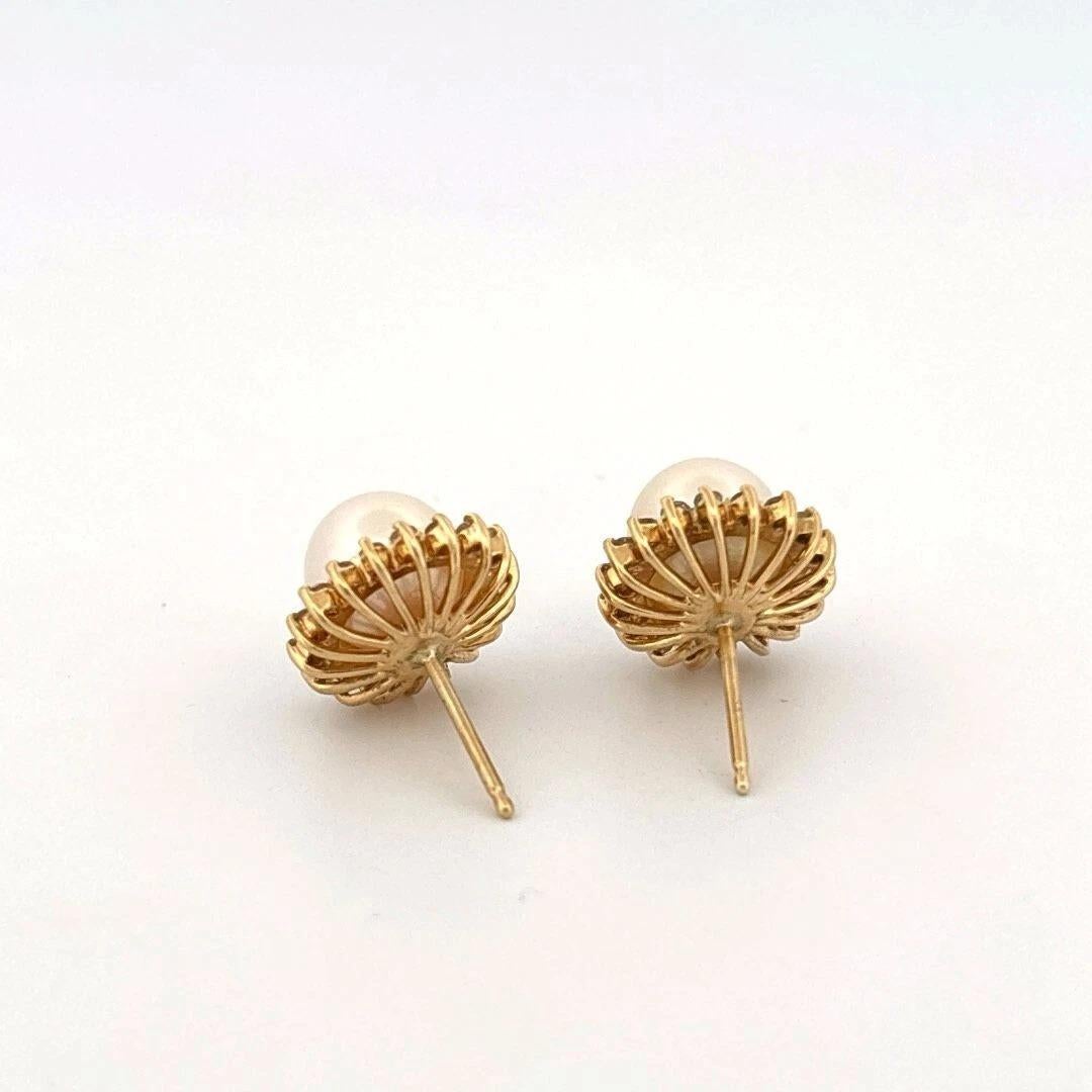 Genuine Akoya Pearl & 7mm .30CTW Diamond 14K Yellow Gold Halo Stud Post Earrings In Good Condition For Sale In Carmel By The Sea, CA