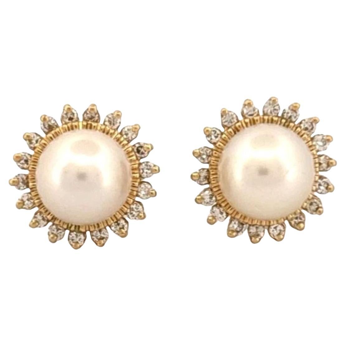 Genuine Akoya Pearl & 7mm .30CTW Diamond 14K Yellow Gold Halo Stud Post Earrings For Sale