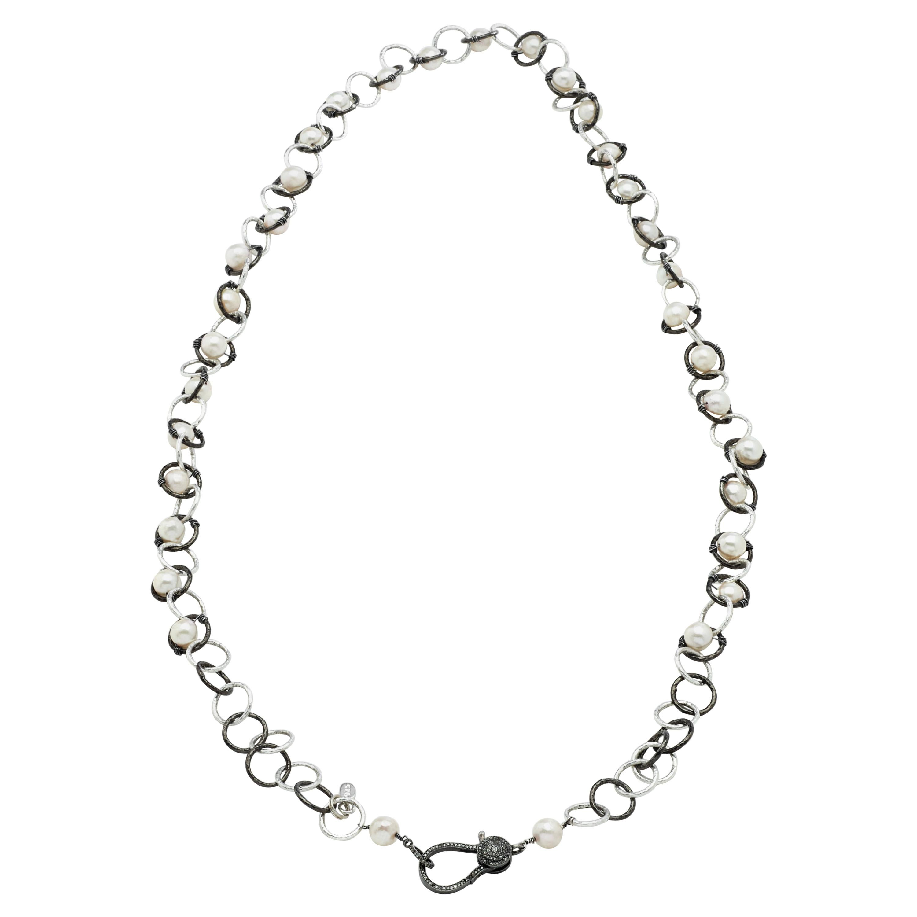  Two Tone Sterling Silver Chain Necklace with Pearls