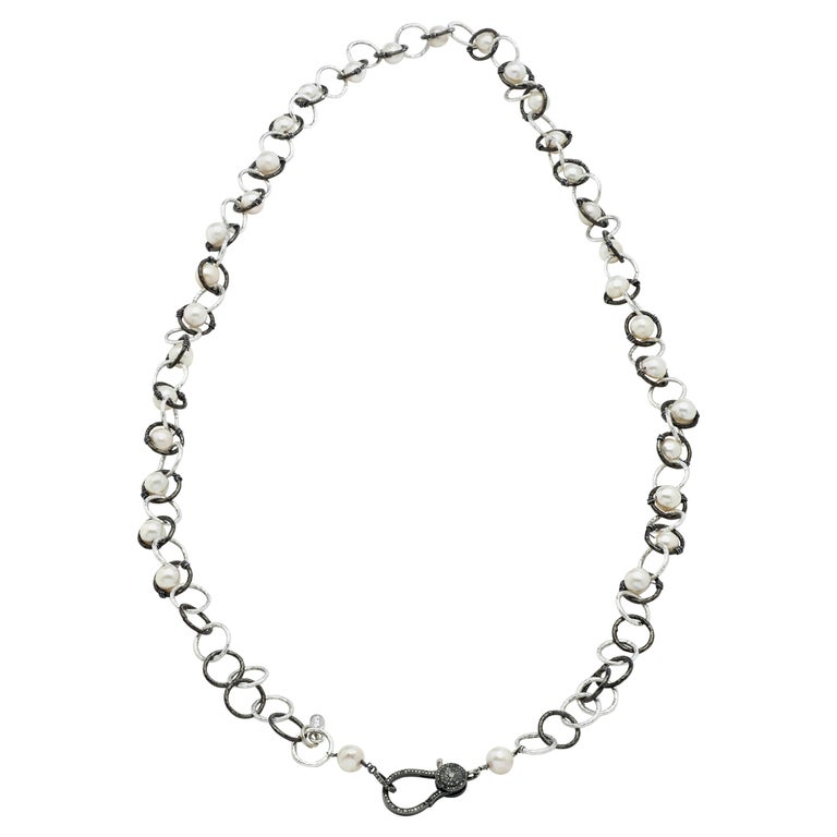 Two Tone Sterling Silver Chain Necklace with Pearls at 1stDibs