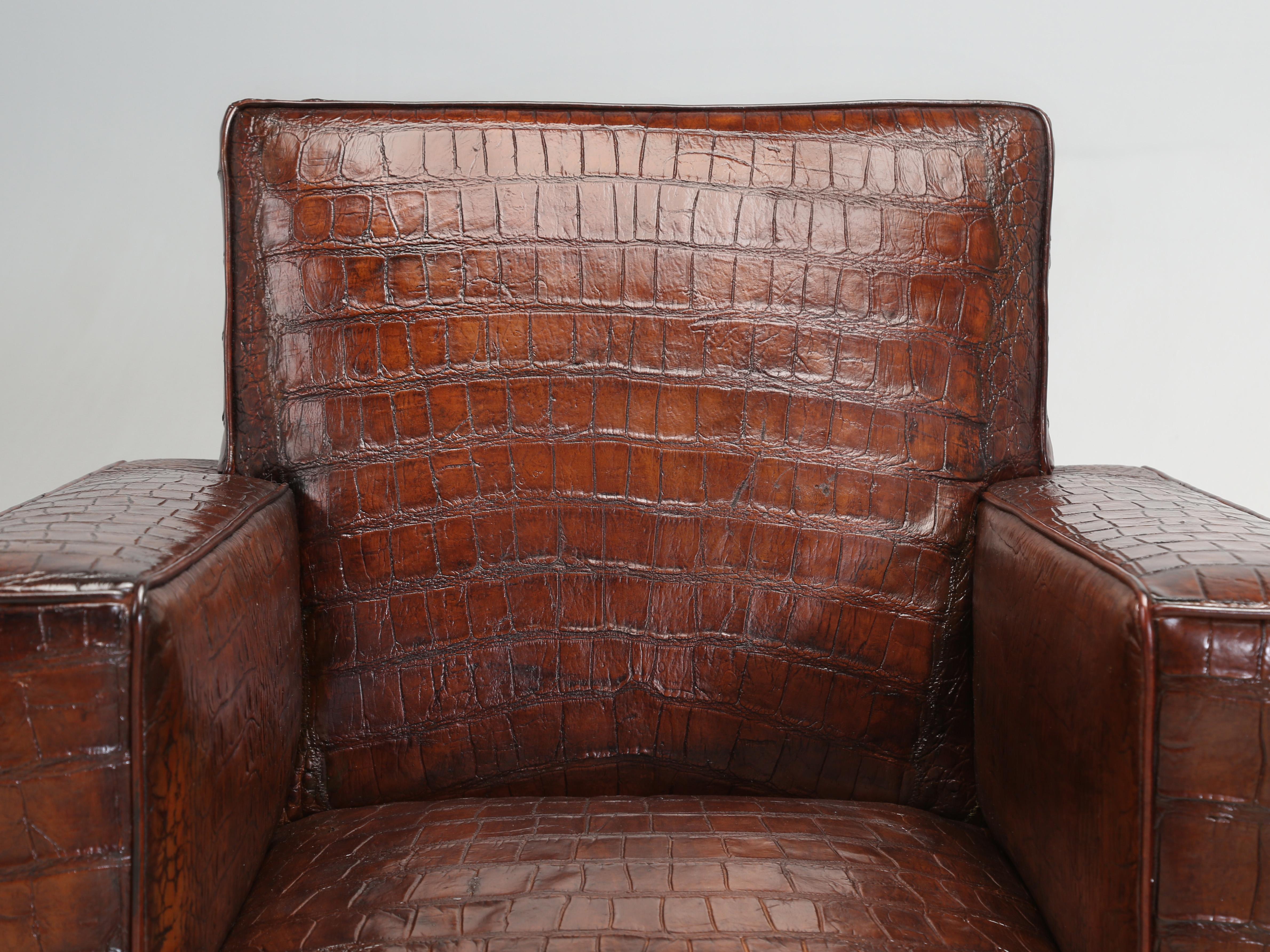 French Art Deco inspired Pair of Club Chairs in stock upholstered with genuine Alligator hides. Many years ago, a great designer once told me that if you are going to copy someone’s work, make sure you are copying from only the best. There is little