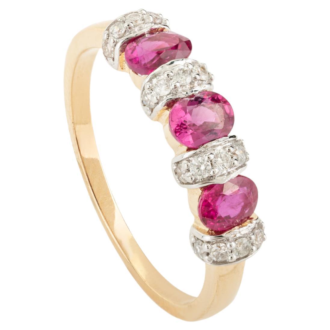 For Sale:  Alternating Ruby Diamond Engagement Band Ring in 18k Solid Yellow Gold