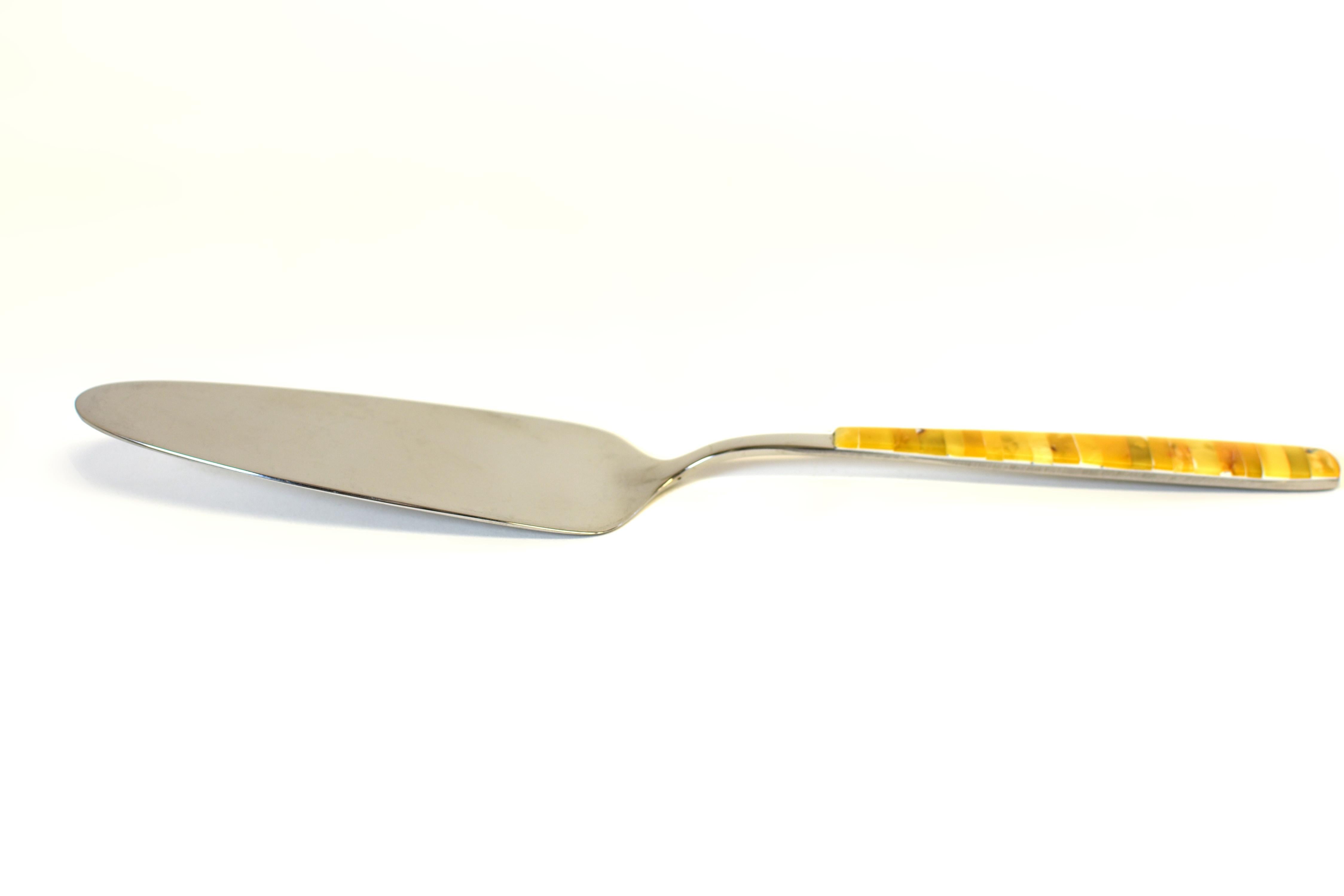 XXIe siècle et contemporain Serveur à gâteau en ambre véritable Coupe-pâte en acier inoxydable en vente