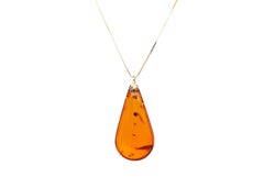 Genuine Amber Necklace Pendant 14K Yellow Gold Pear Cabochon