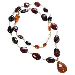 Genuine Amber Necklace Pendant Pear Cabochon Polished 22 Inch