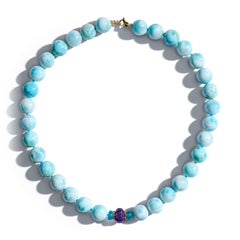 Genuine Amethyst and Larimar Yellow Gold Necklace
