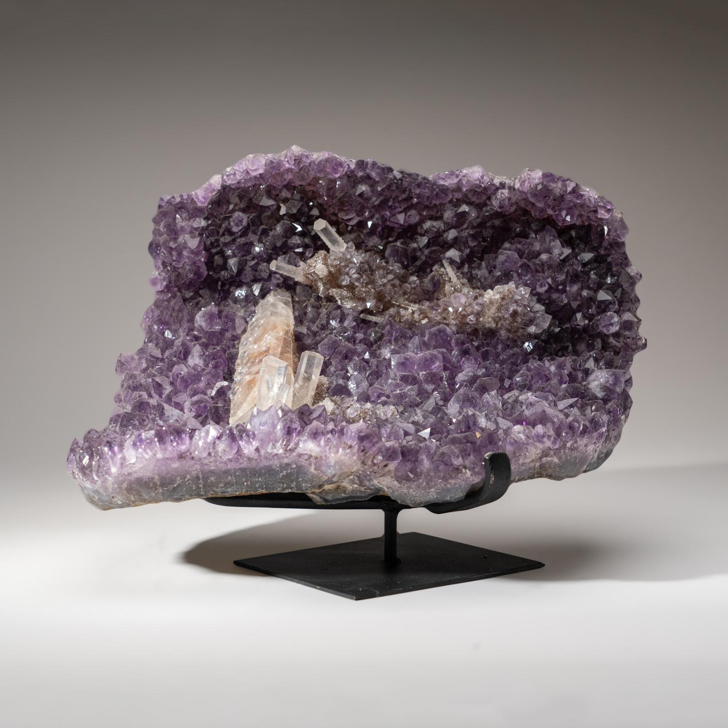 Contemporary Genuine Amethyst Crystal Cluster with Calcite on Stand from Uruguay (16 lbs) For Sale