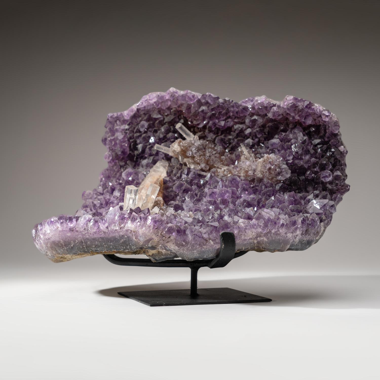 Genuine Amethyst Crystal Cluster with Calcite on Stand from Uruguay (16 lbs) For Sale 1
