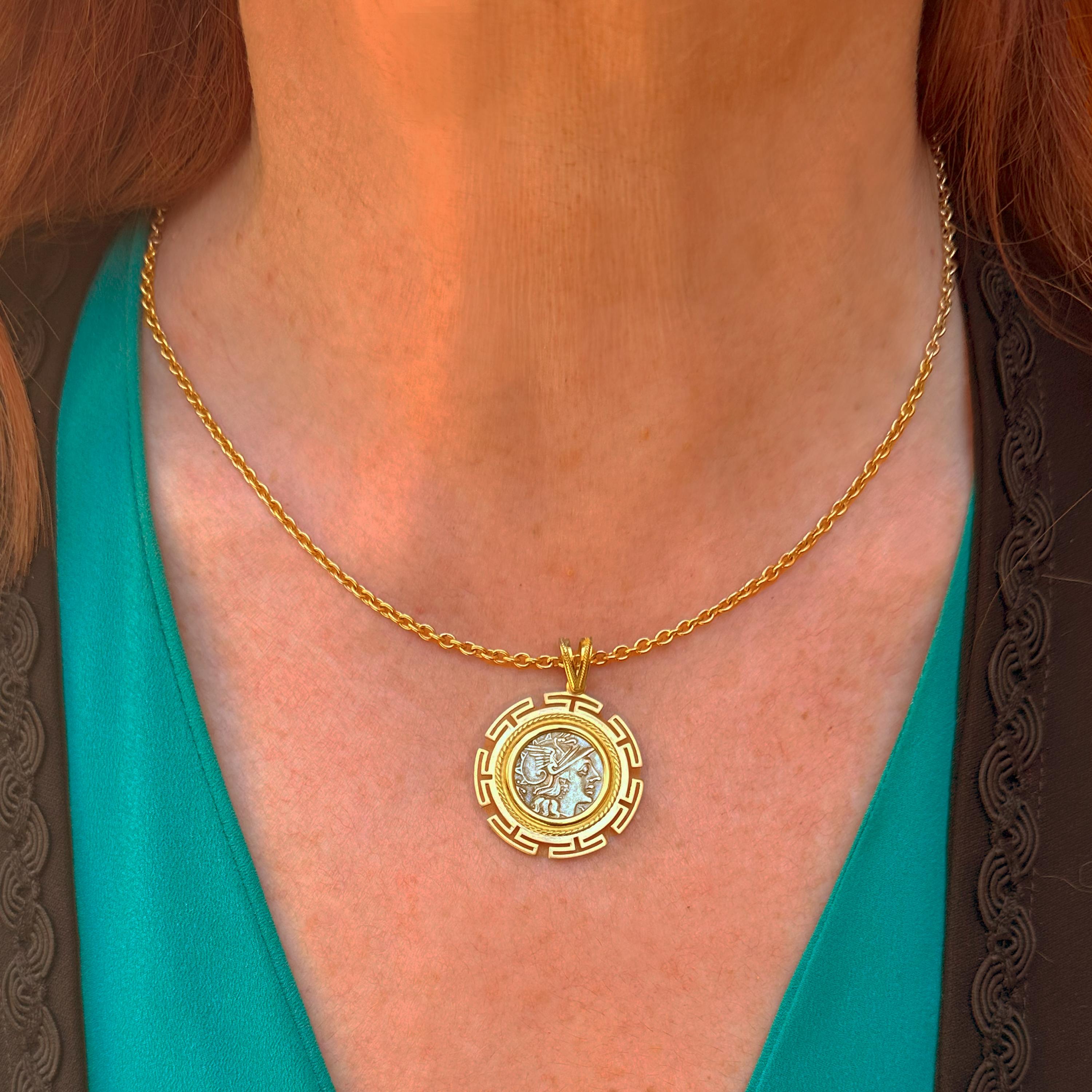 Women's or Men's Genuine Ancient Roman Coin 148 BC 18Kt Gold Pendant Depicting Goddess Rome For Sale