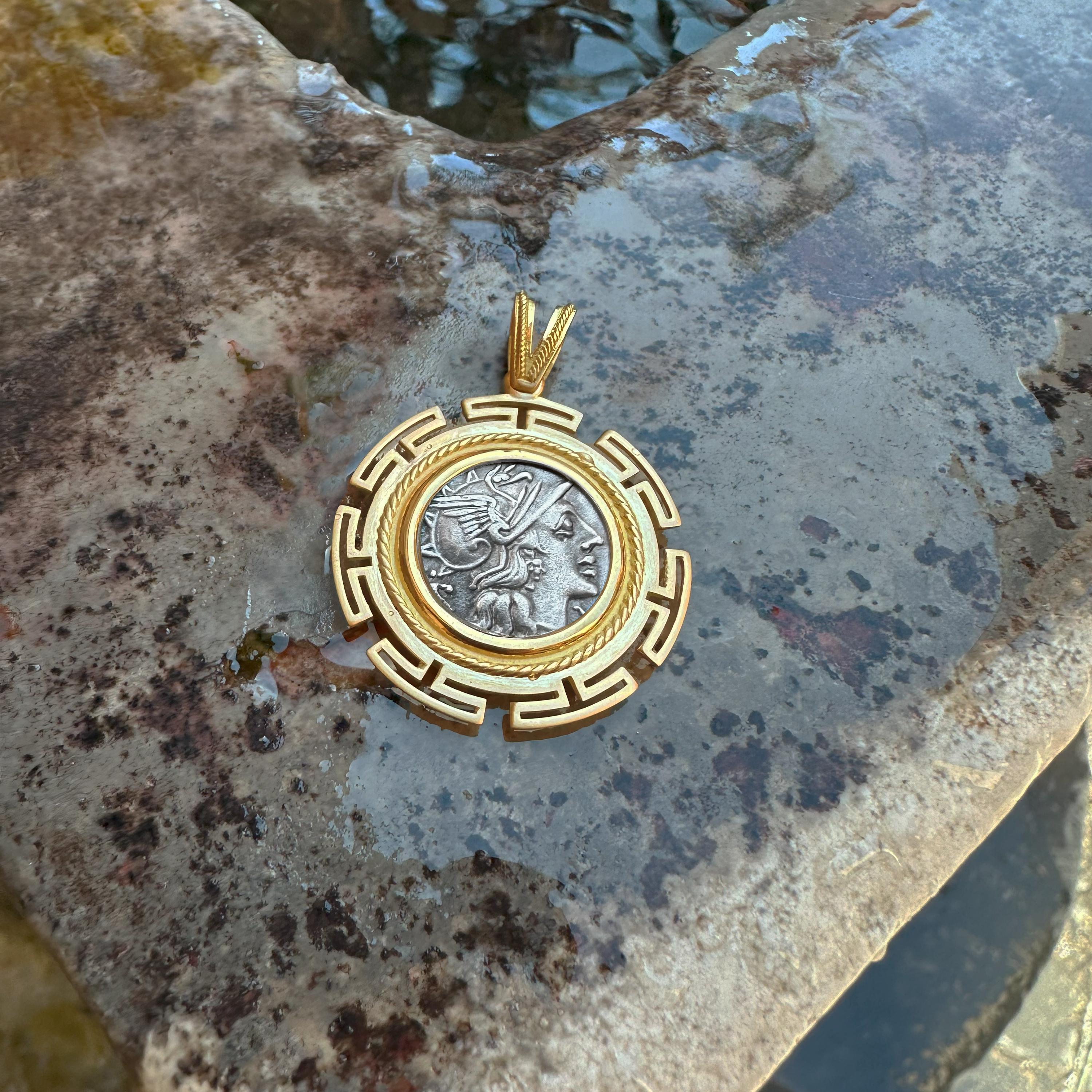 Genuine Ancient Roman Coin 148 BC 18Kt Gold Pendant Depicting Goddess Rome For Sale 1
