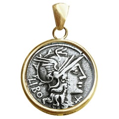 Antique Genuine Ancient Roman Coin 148 BC 18Kt Gold Pendant Depicting Goddess Rome