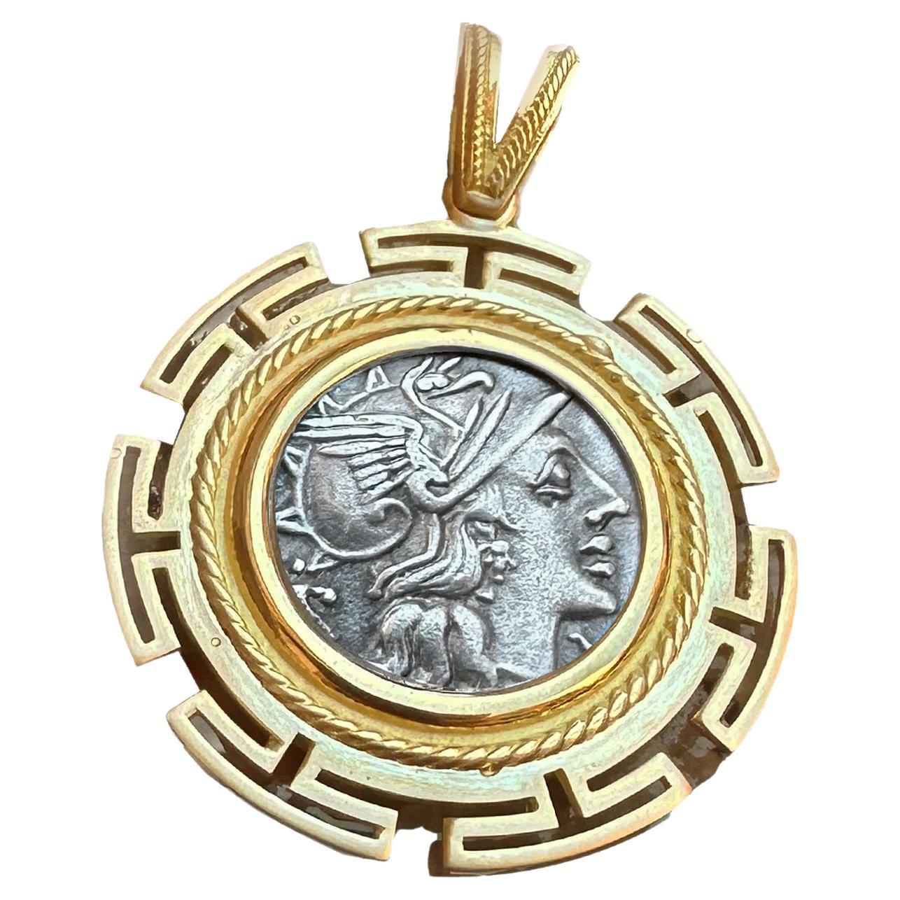 Antike römische Münze 148 v. Chr. 18 Karat Gold Anhänger mit der Darstellung der Göttin Rom