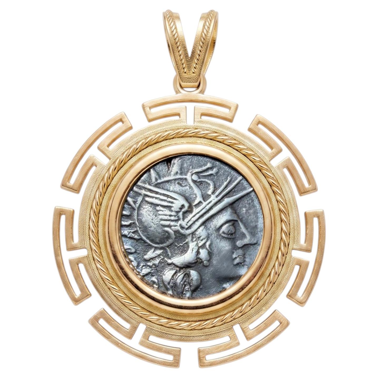 Genuine pièce de monnaie romaine ancienne 148 avant J.-C. en or 18 carats représentant la déesse Rome en vente