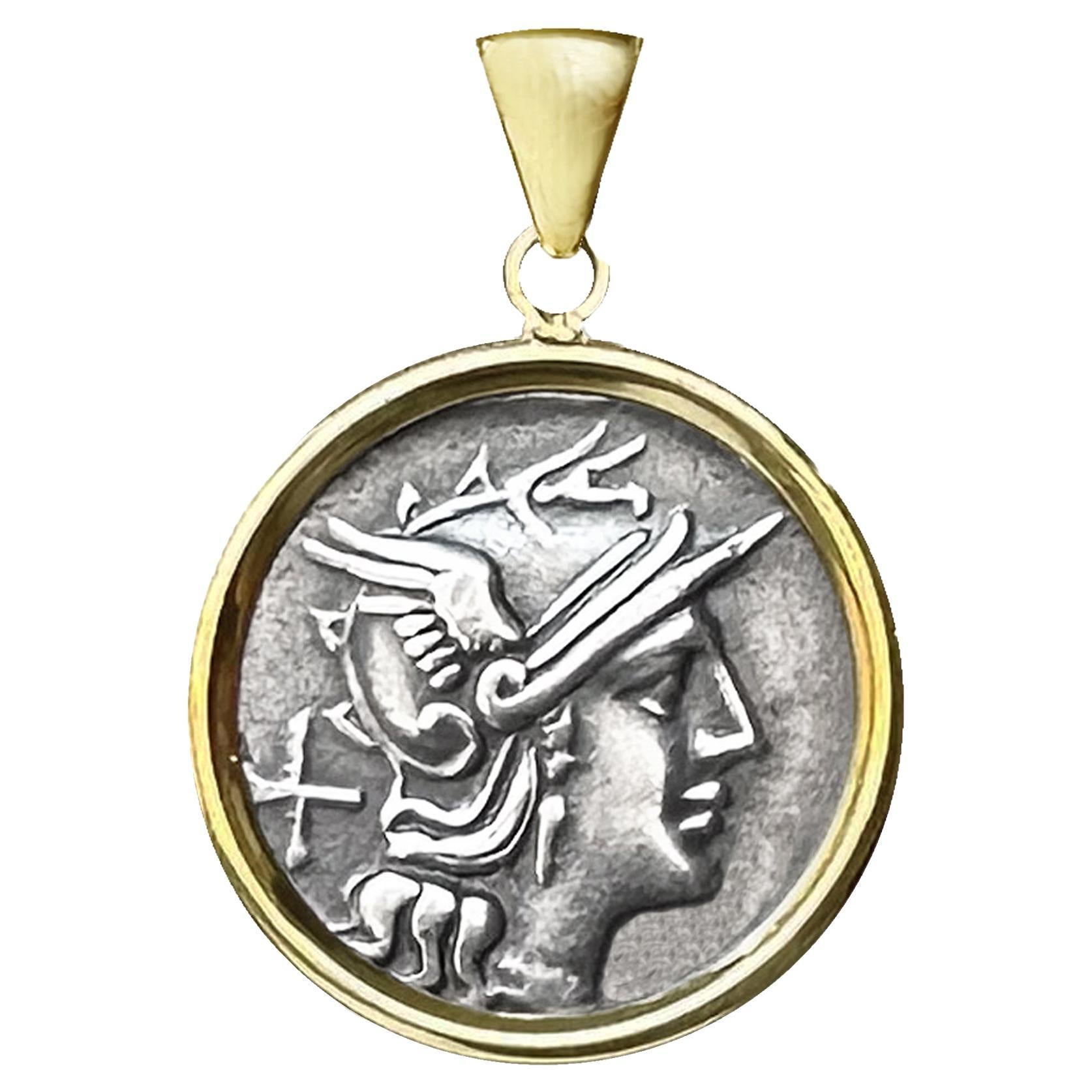 Antike römische Münze 150 v. Chr. 18 Karat Gold Anhänger mit der Darstellung der Göttin Rom