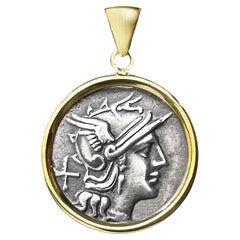 Vera moneta romana antica 150 a.C. Ciondolo in oro 18Kt raffigurante la dea Roma