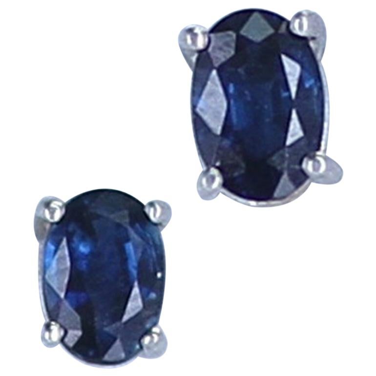 Genuine and Natural Blue Sapphire Oval Stud Earrings 18 Karat White Gold