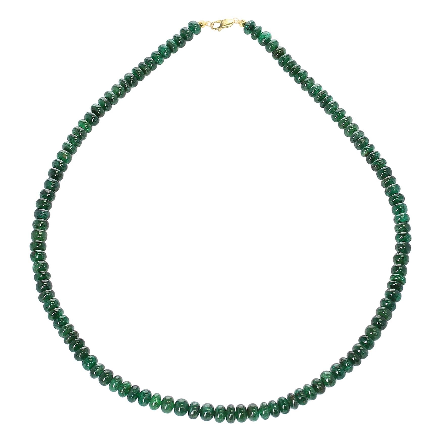 Genuine and Natural Deep Green Fine Emerald Plain and Smooth Bead Necklace For Sale