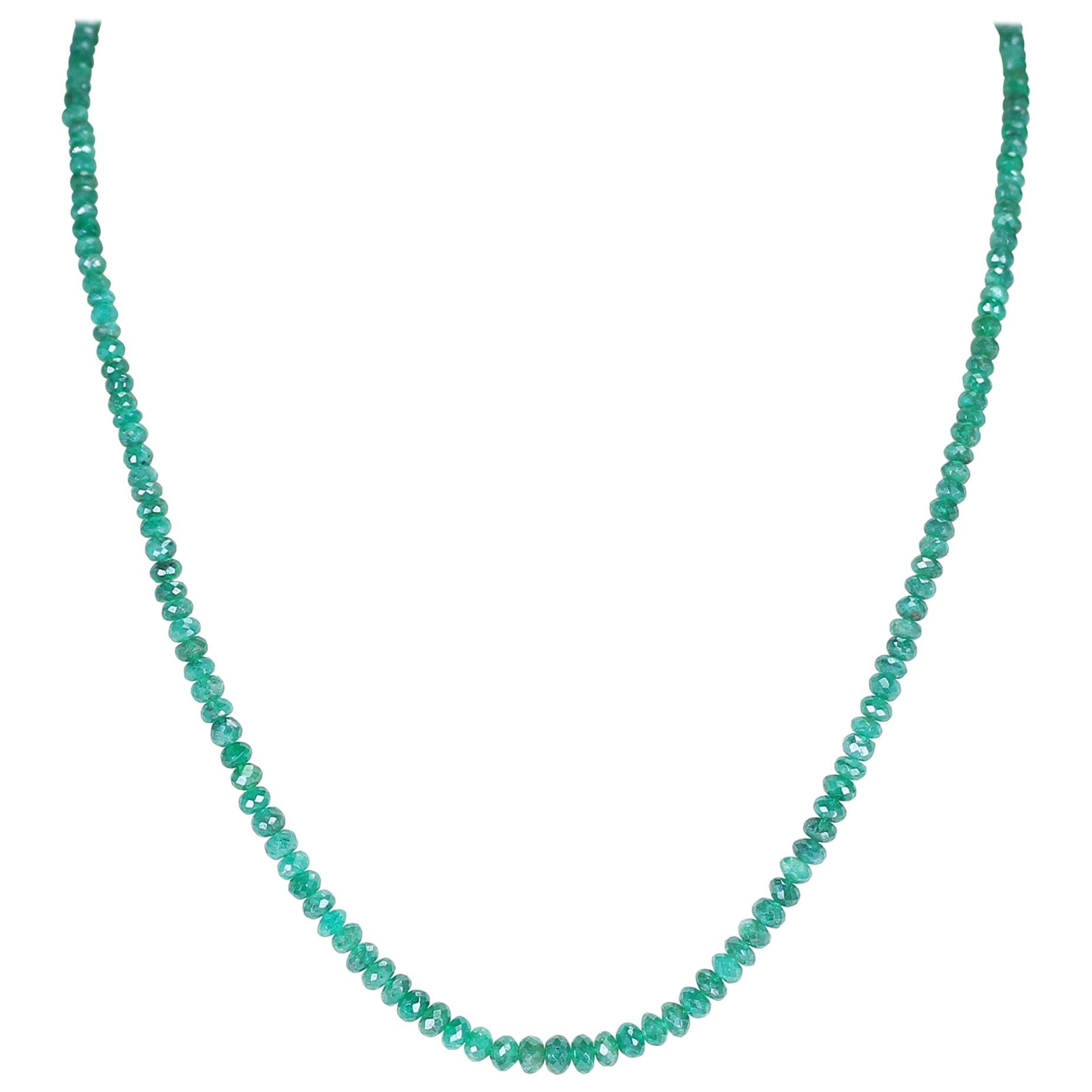 Genuine and Natural Emerald Faceted Beads Necklace, 14 Karat Yellow Gold