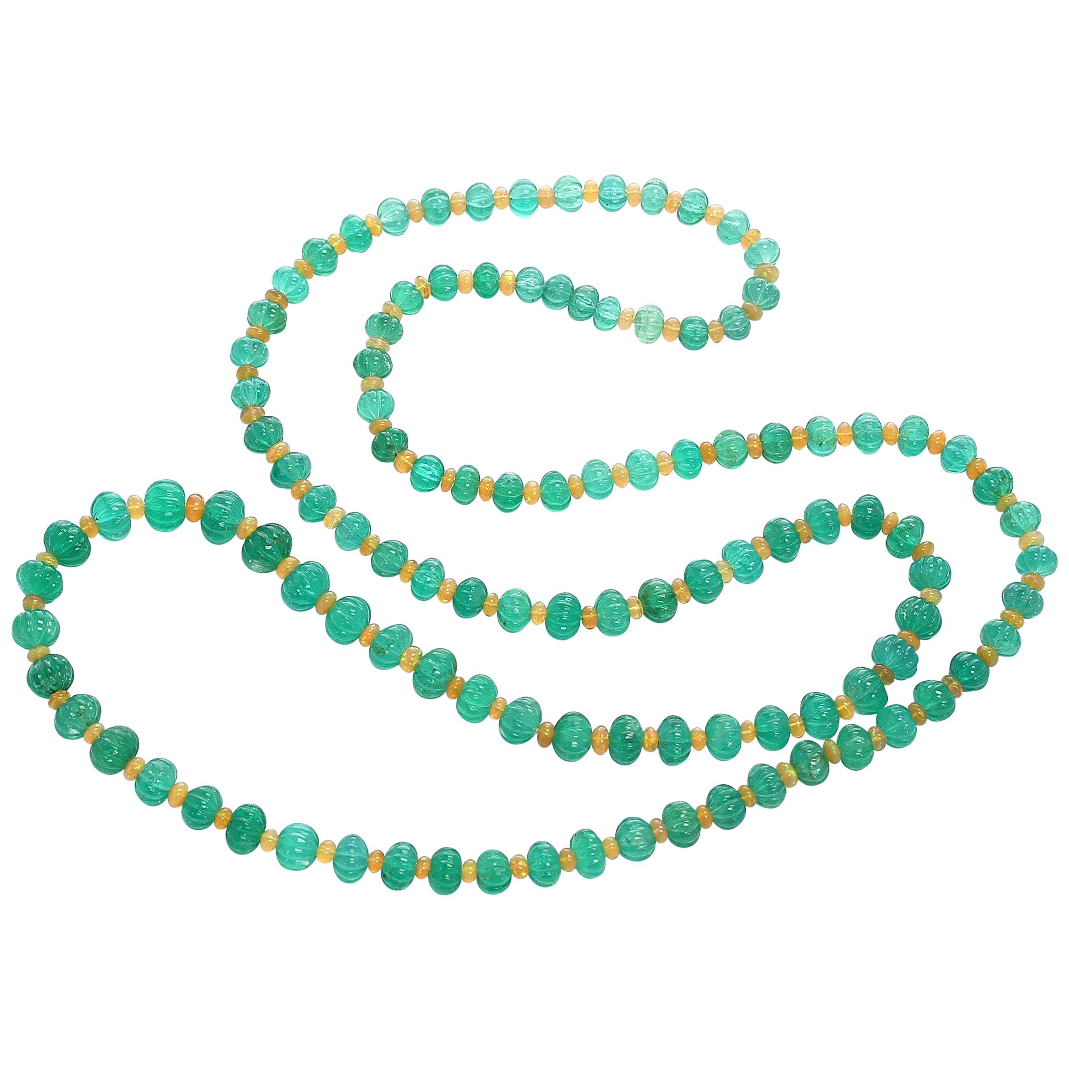 Genuine and Natural Fine Colombian Carved Emerald and Opal Necklace Jewelry