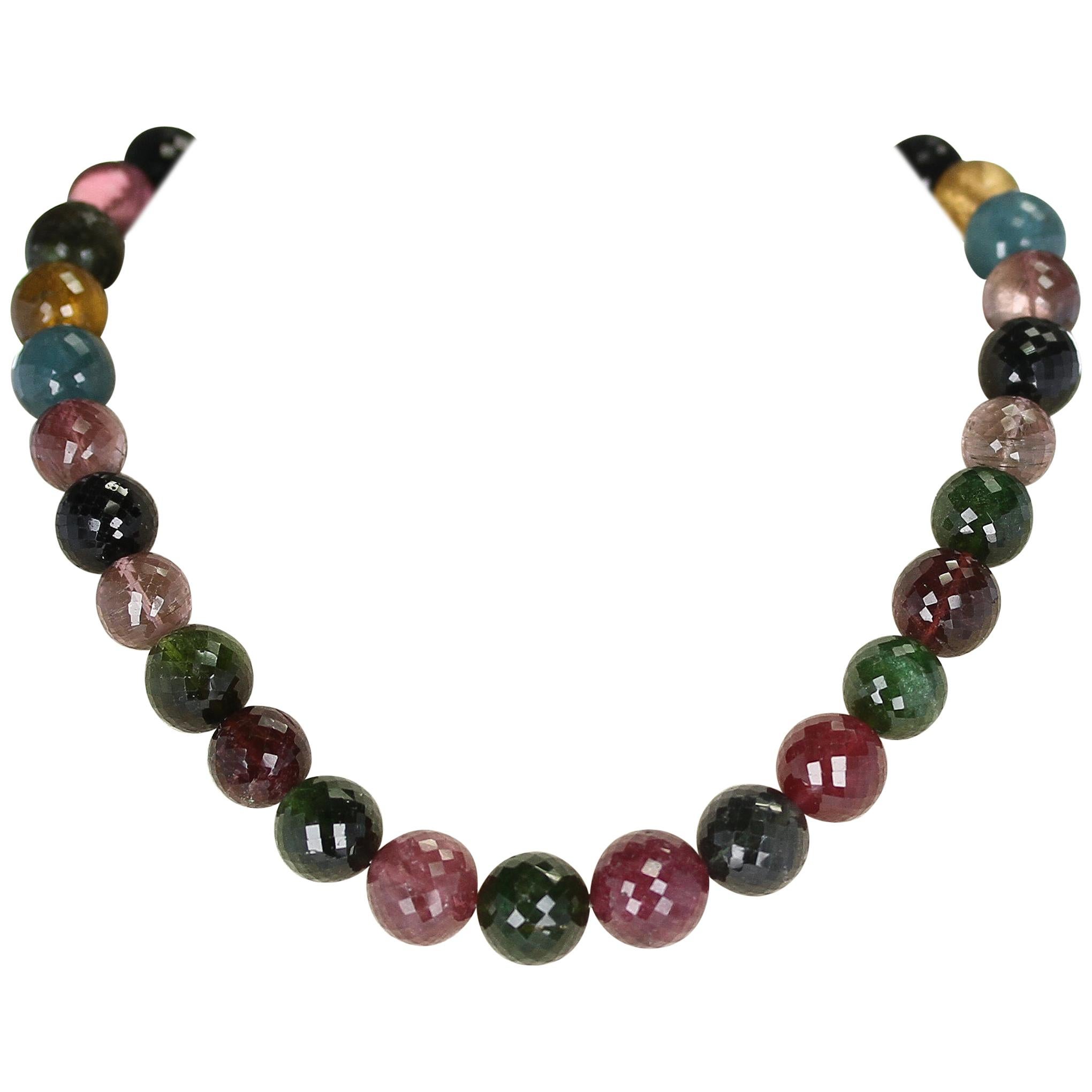Genuine and Natural Large Round and Faceted Multi-Tourmaline Beads Necklace Gold For Sale