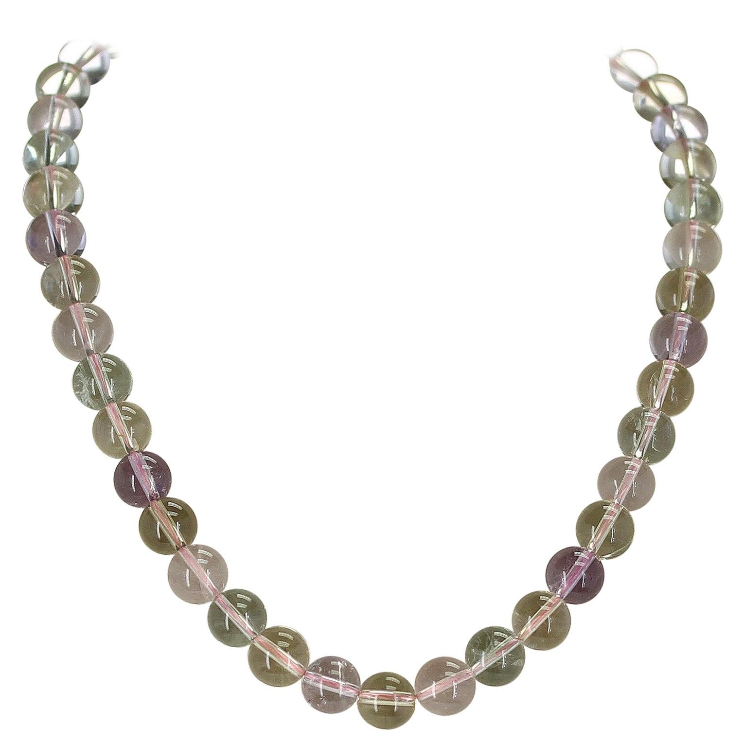 Genuine and Natural Multicolored Round Plain Kunzite Beads Necklace, 14 Karat For Sale