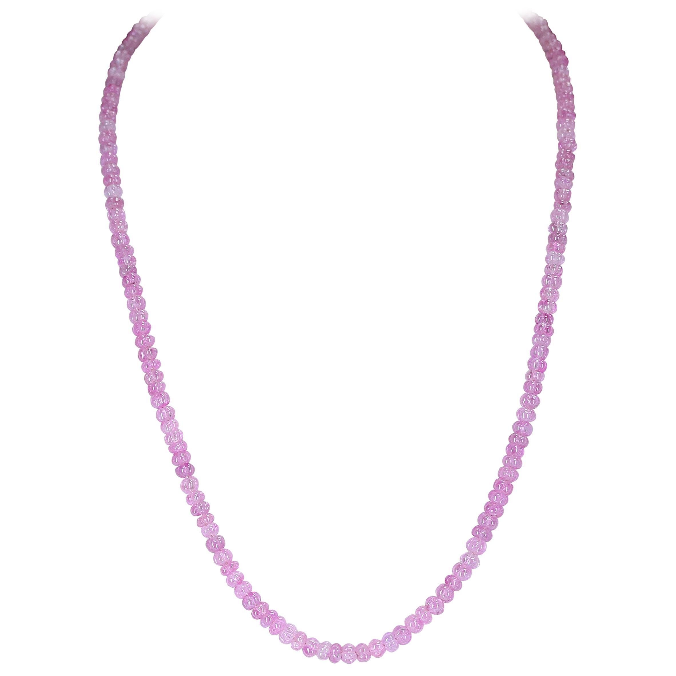 Genuine and Natural Pink Sapphire Carved Beads Necklace, 14 Karat Yellow Gold For Sale