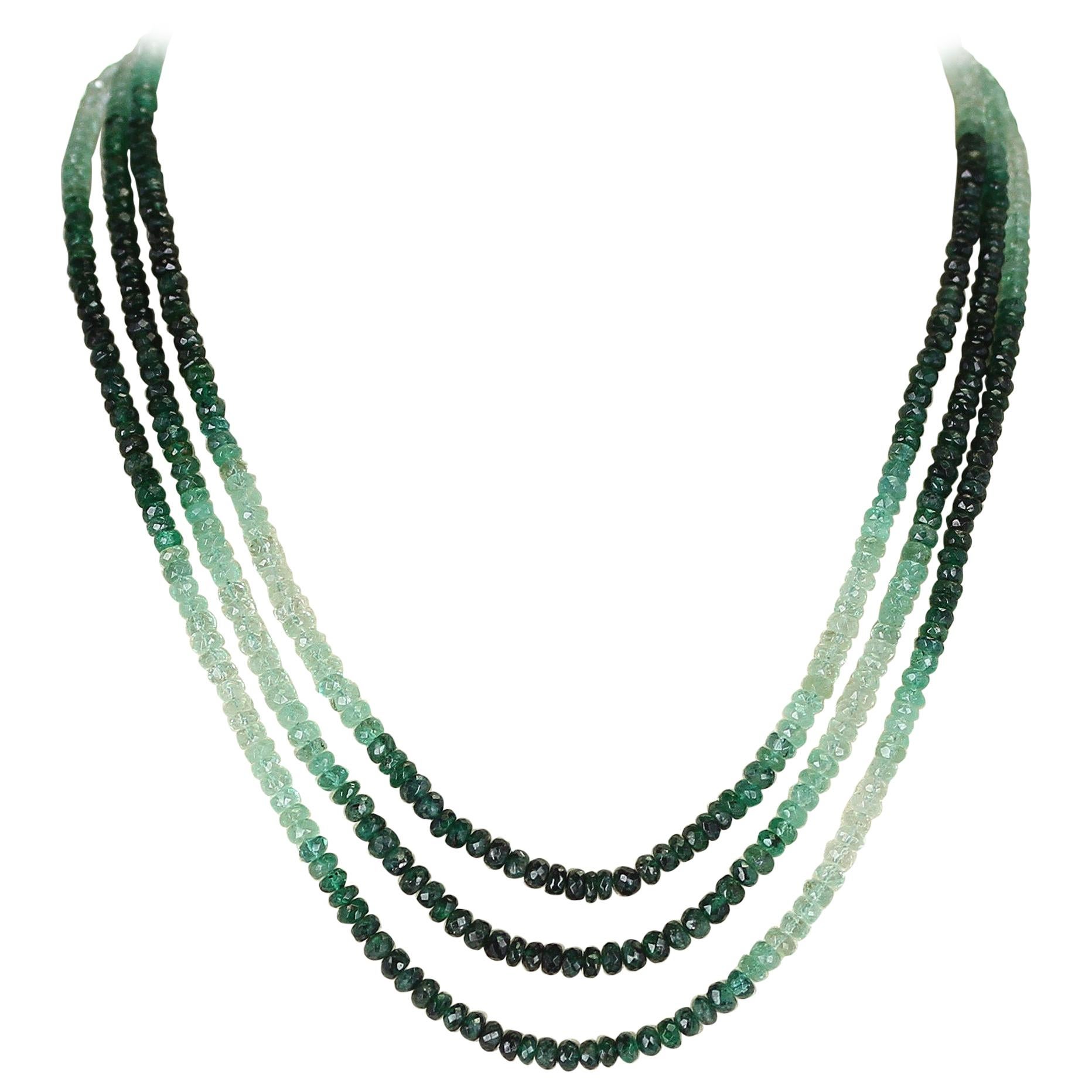Genuine and Natural Shaded and Faceted Emerald Beads Necklace, 14K Yellow Gold