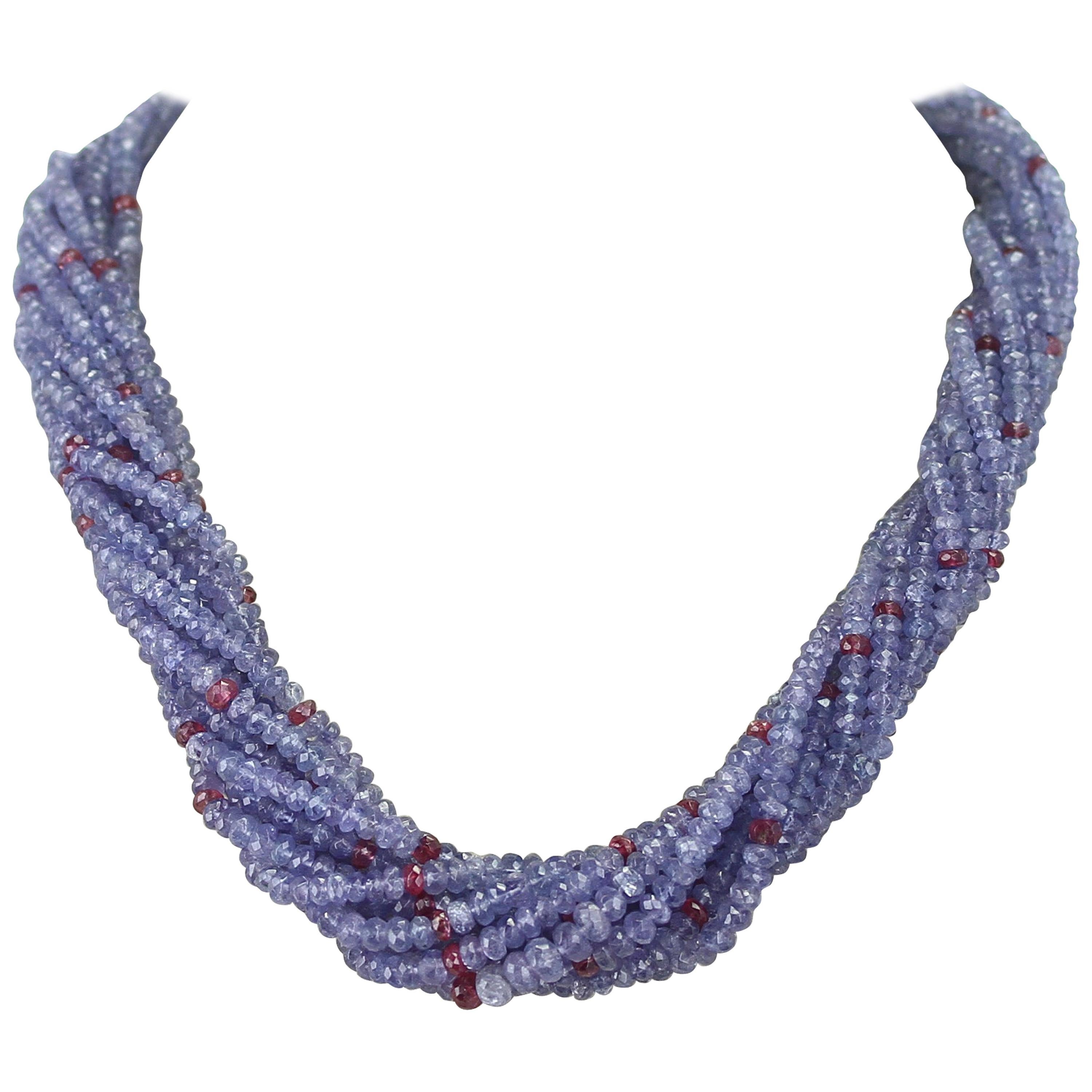 Genuine and Natural Tanzanite and Spinel Faceted Bead Choker Necklace, 18K White For Sale