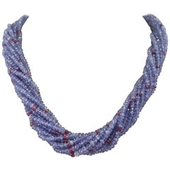 Genuine and Natural Tanzanite and Spinel Faceted Bead Choker Necklace, 18K White