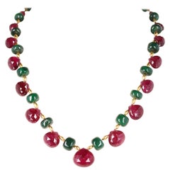 Genuine and Natural Tourmaline Drops with Emerald and Gold Beads Royal Necklace