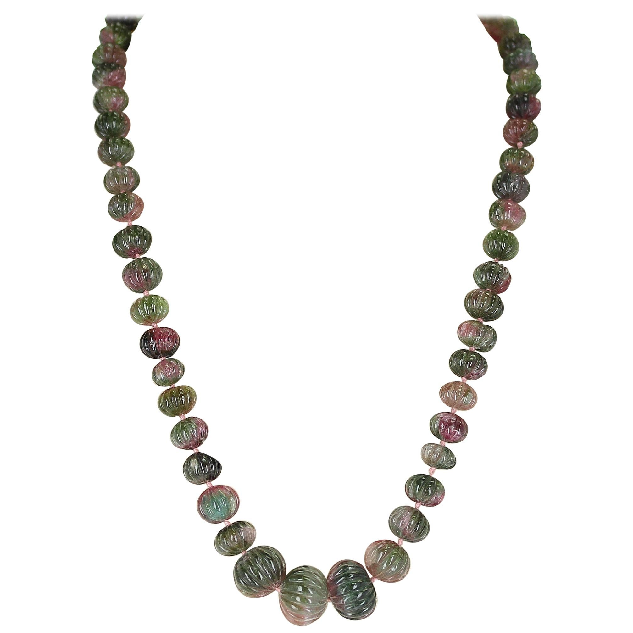 Genuine and Natural Watermelon Tourmaline Carved Beads Necklace
