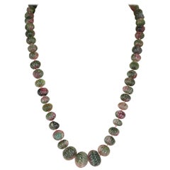 Retro Genuine and Natural Watermelon Tourmaline Carved Beads Necklace