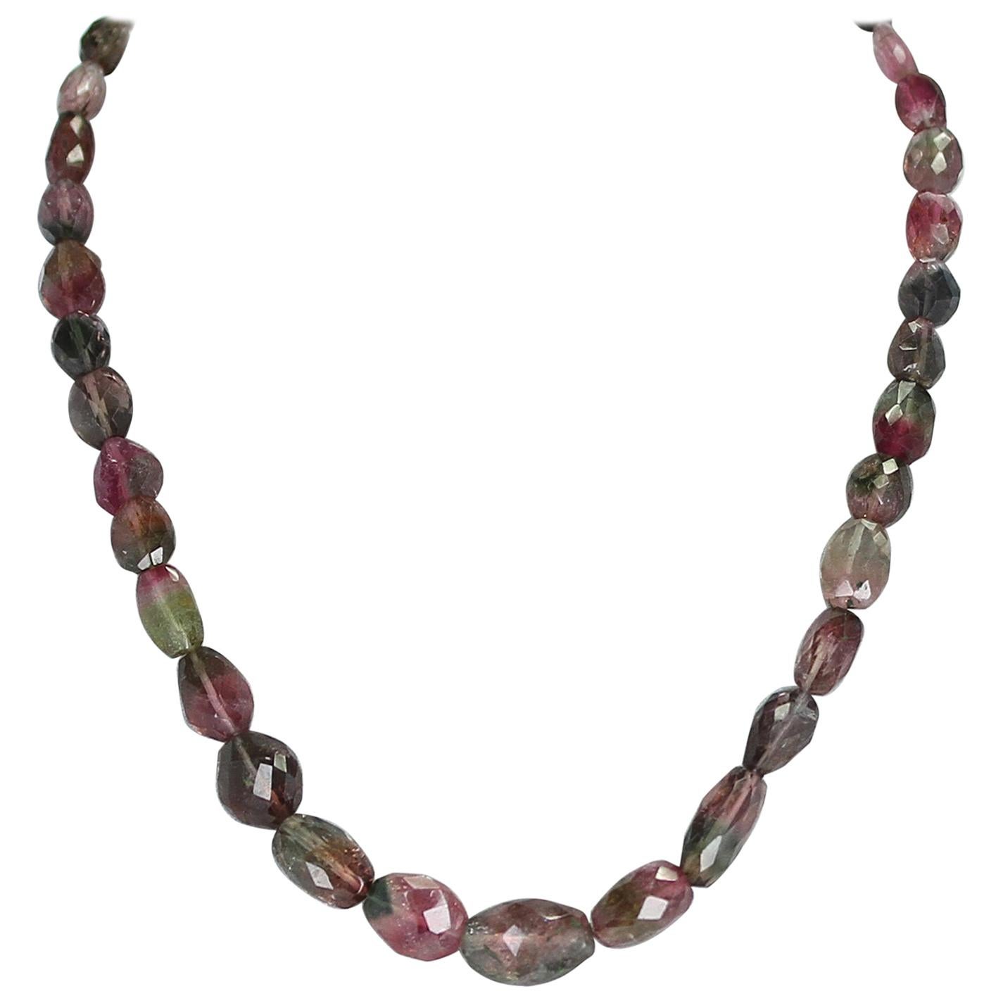 Genuine and Natural Watermelon Tourmaline Larger Tumbled Faceted Beads Necklace For Sale