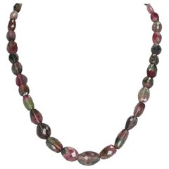 Vintage Genuine and Natural Watermelon Tourmaline Larger Tumbled Faceted Beads Necklace