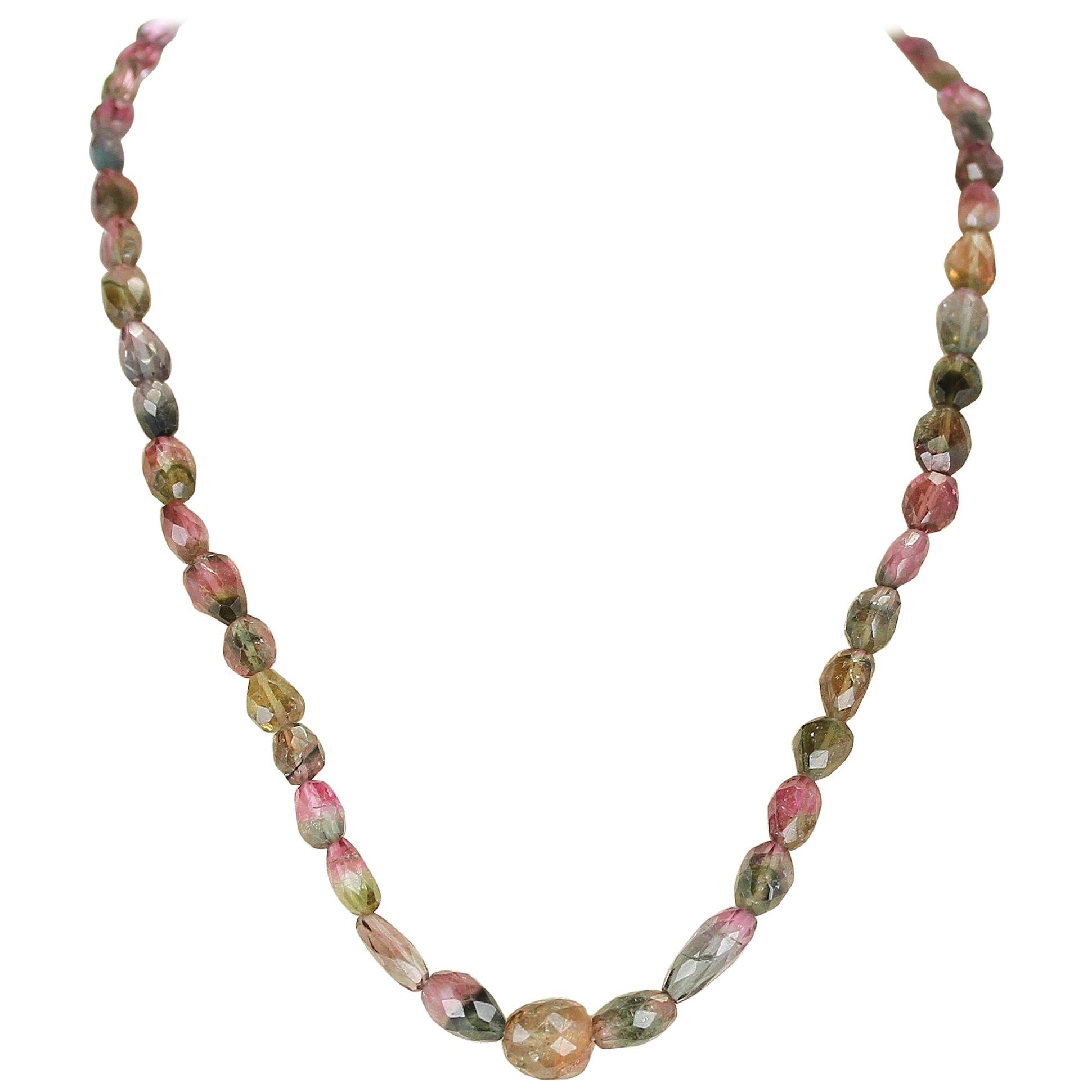 Genuine and Natural Watermelon Tourmaline Tumbled Faceted Beads Necklace For Sale