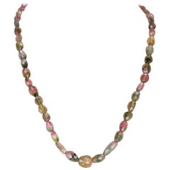 Vintage Genuine and Natural Watermelon Tourmaline Tumbled Faceted Beads Necklace