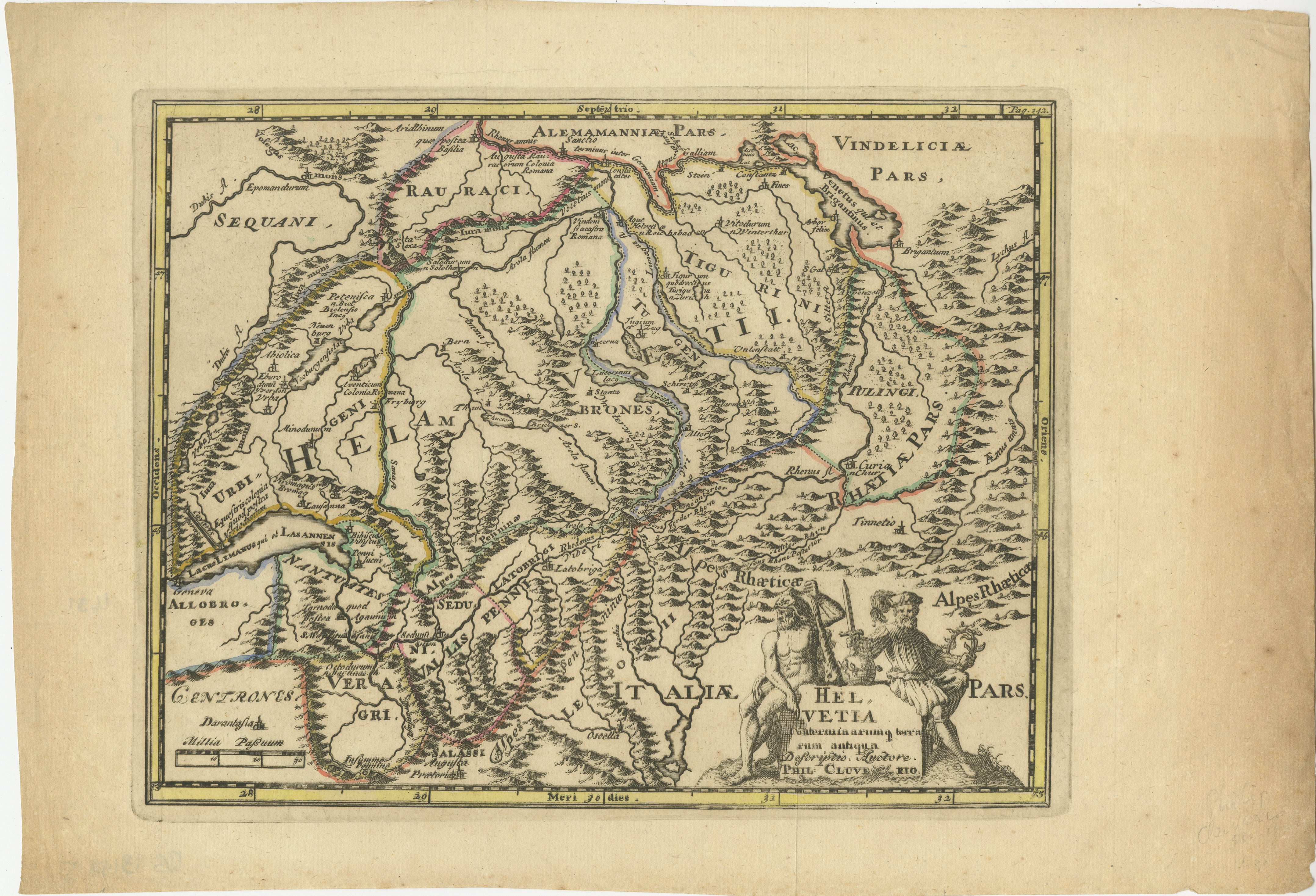 Decorative early 18th century engraved map of Switzerland.

Title: Helvetia Conterminarumq terra rum antiqua.

Translated from Latin: Switzerland is an ancient land

Description: Switzerland, antique copperplate engraved map with hand coloring