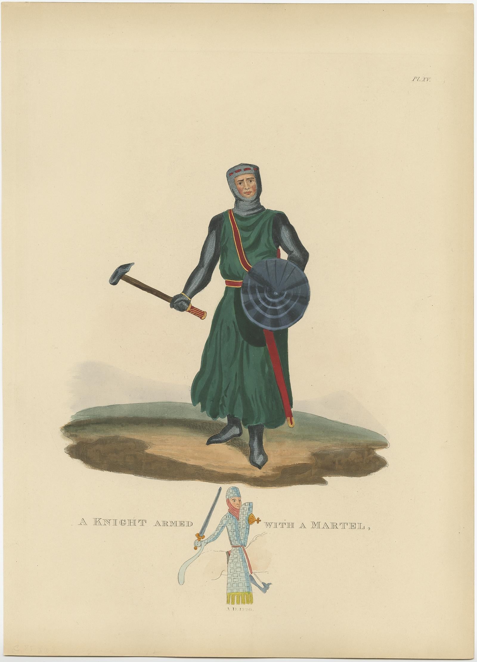 Antiker, echter Druck eines gekreuzten Ritters mit Martel in alter Handkolorierung, 1842 (Papier) im Angebot