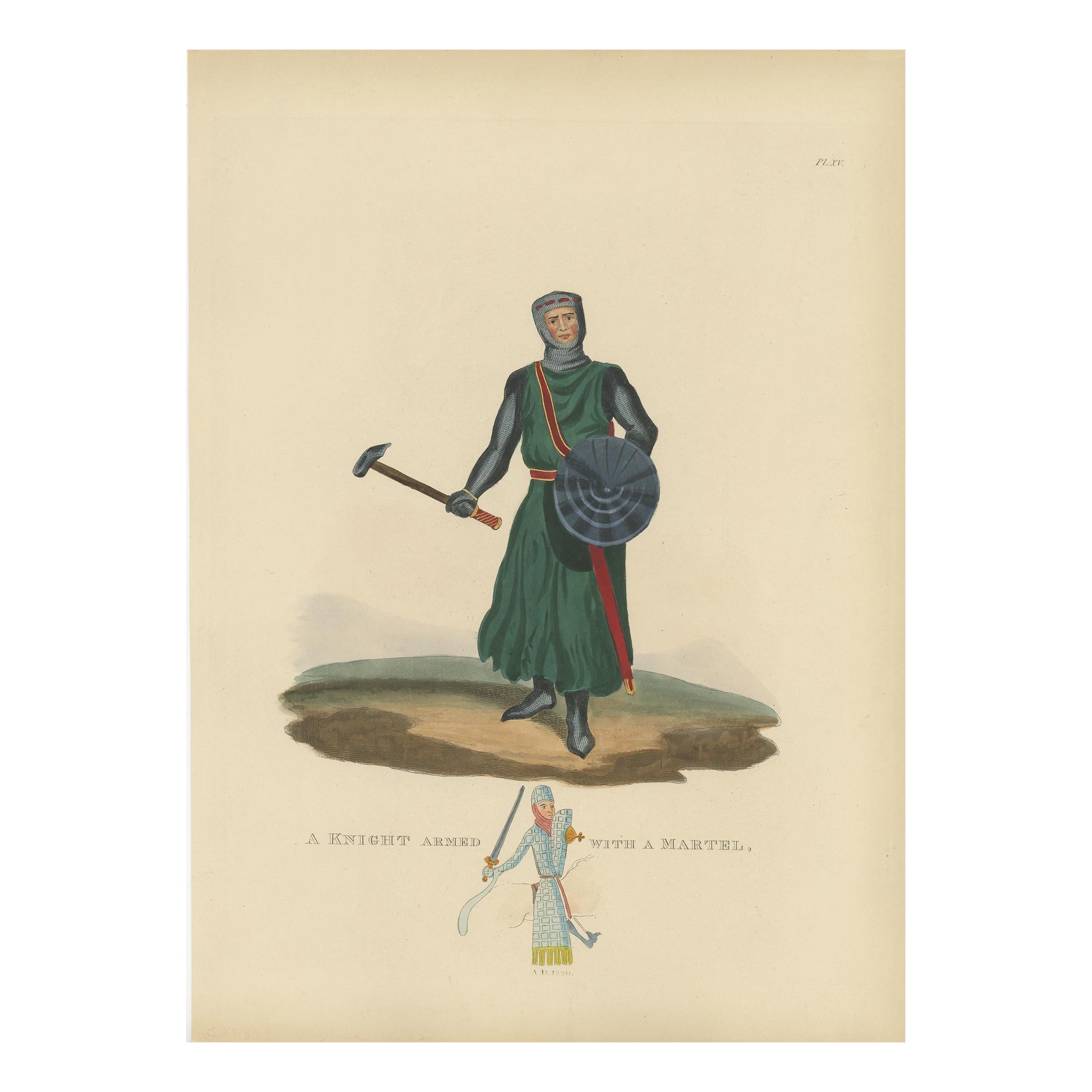 Antiker, echter Druck eines gekreuzten Ritters mit Martel in alter Handkolorierung, 1842