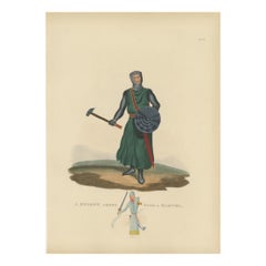 Antiker, echter Druck eines gekreuzten Ritters mit Martel in alter Handkolorierung, 1842