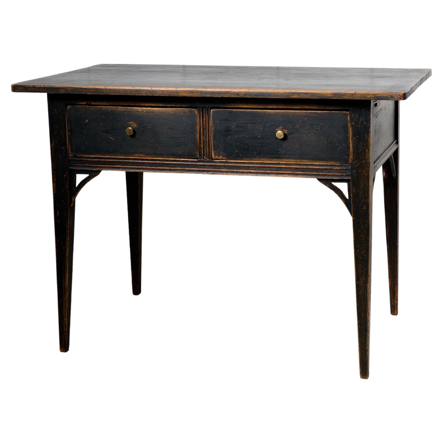 Genuine table suédoise ancienne de style gustavien, noire, avec tiroirs