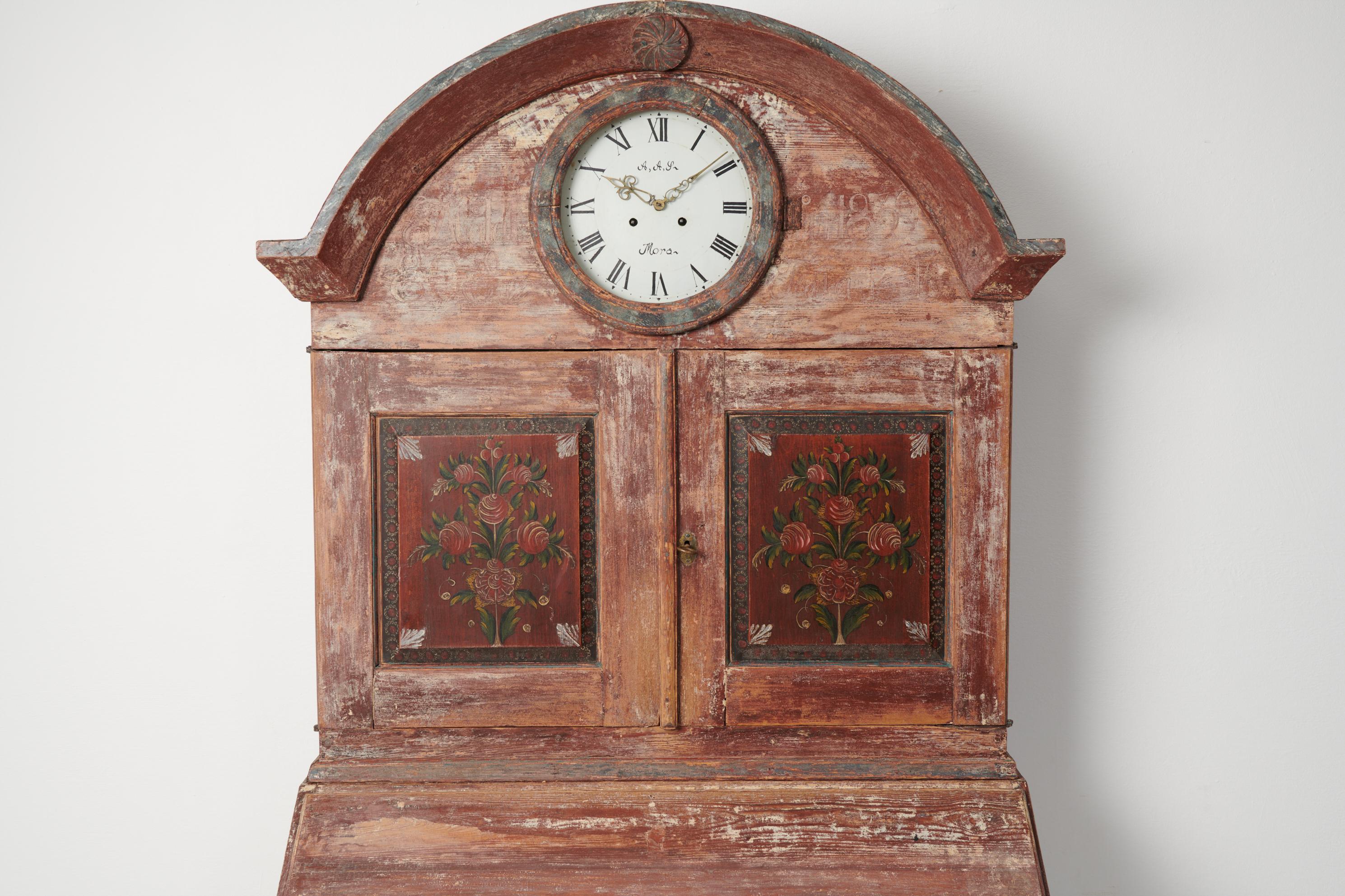 Genuine Antique Swedish Pine Clock Cabinet with a Secretary Desk  For Sale 1
