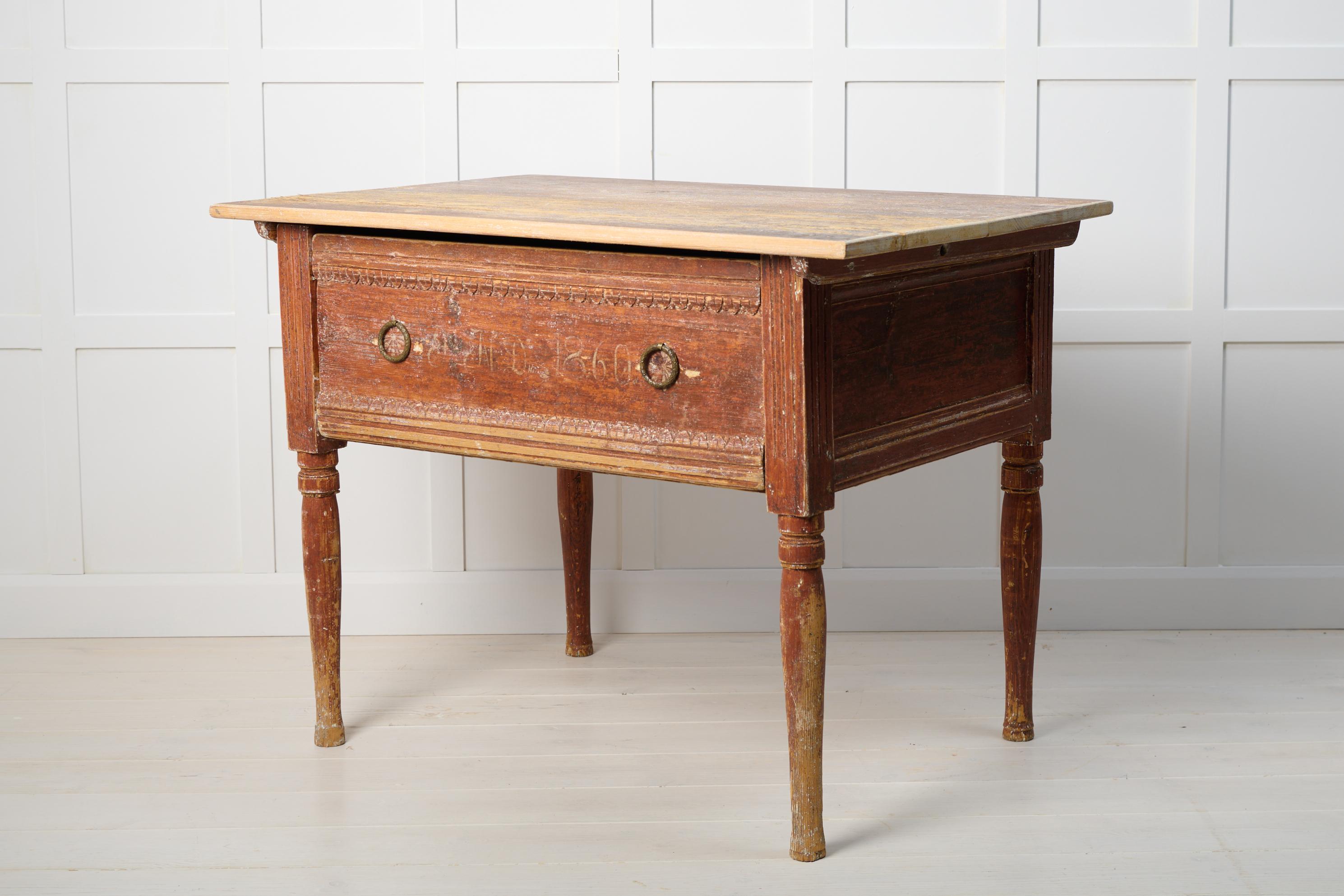 Hand-Crafted Genuine Antique Swedish Rustic Low Country Table with Drawer For Sale