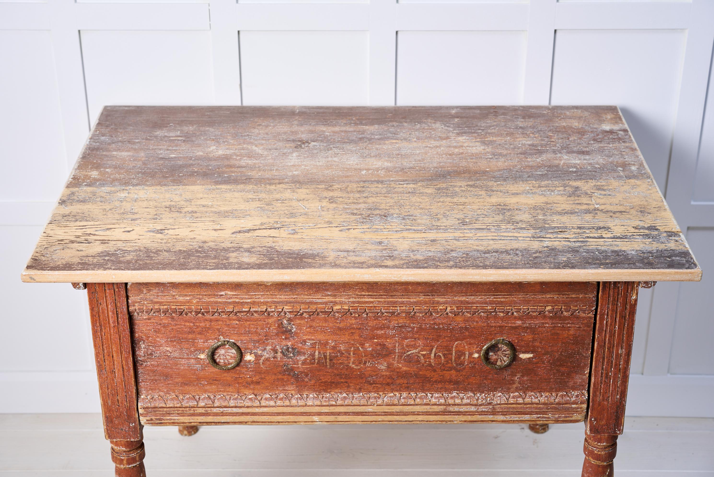 Pine Genuine Antique Swedish Rustic Low Country Table with Drawer For Sale
