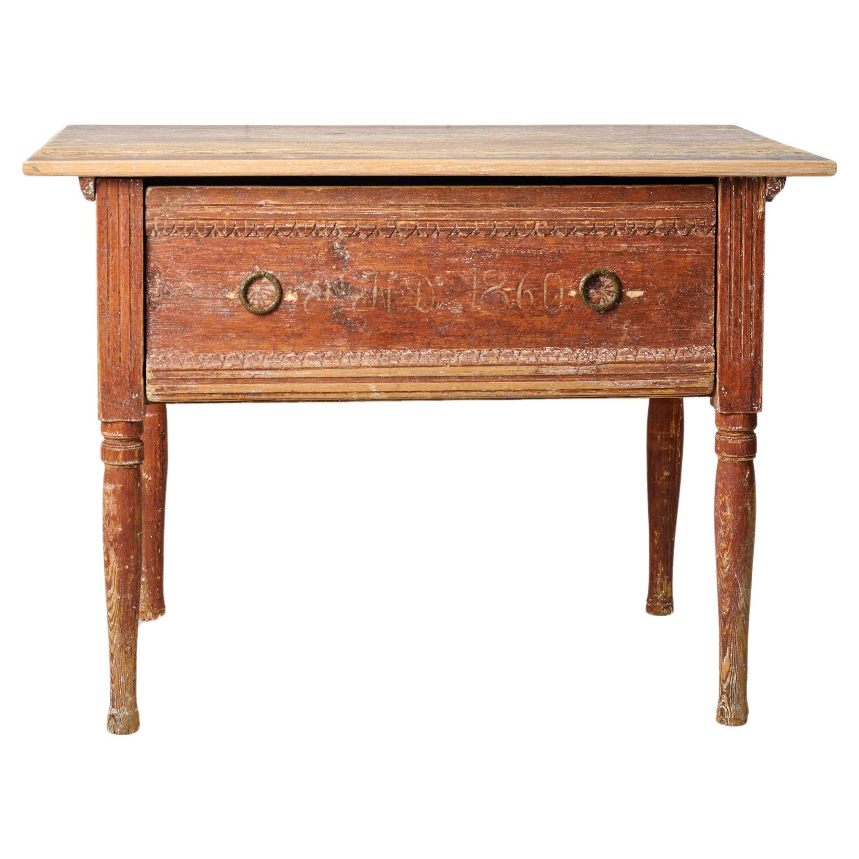 Genuine Antique Swedish Rustic Low Country Table with Drawer For Sale