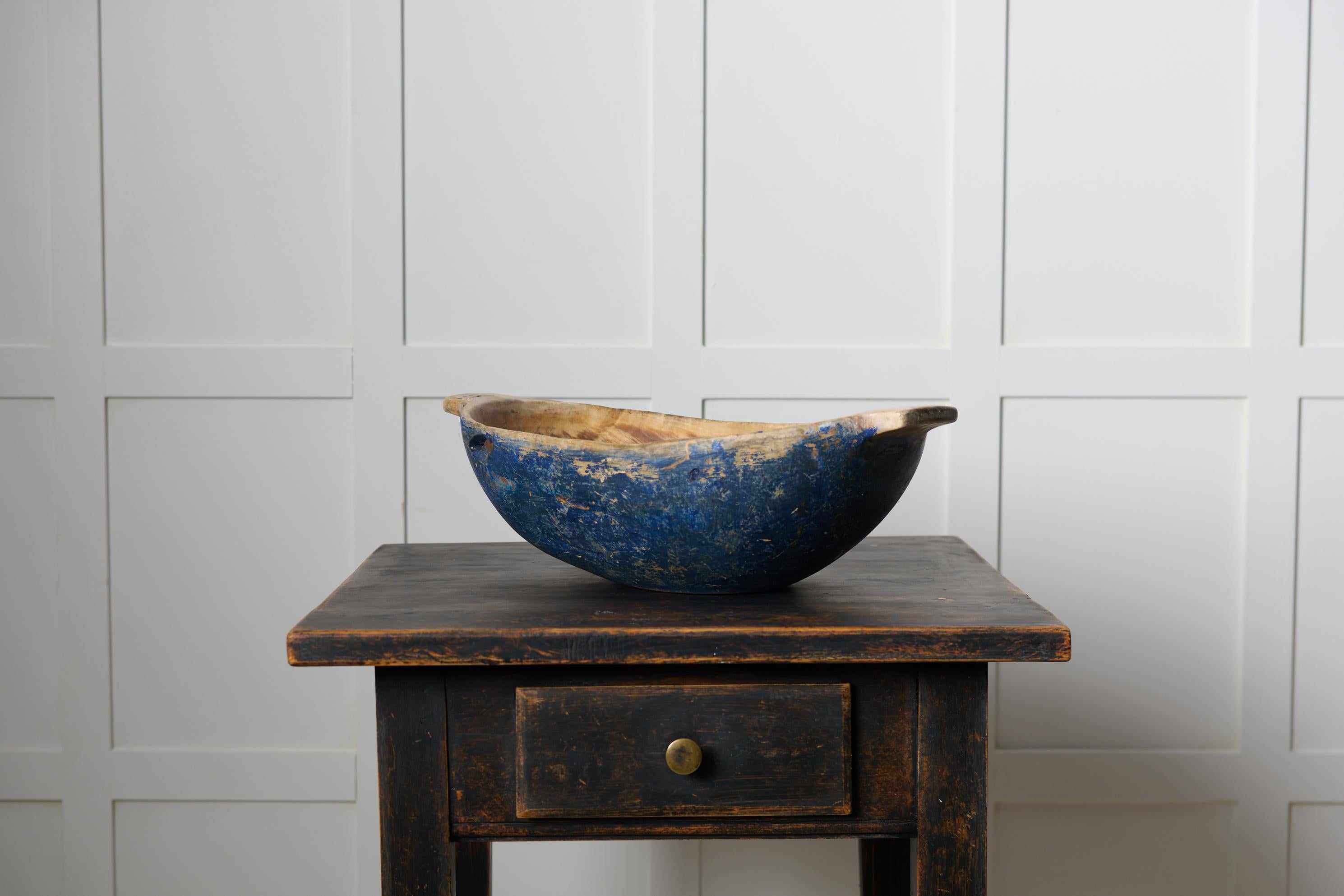 Folk Art Genuine Antique Swedish Wooden Bowl Made by Hand with Original Blue Paint For Sale
