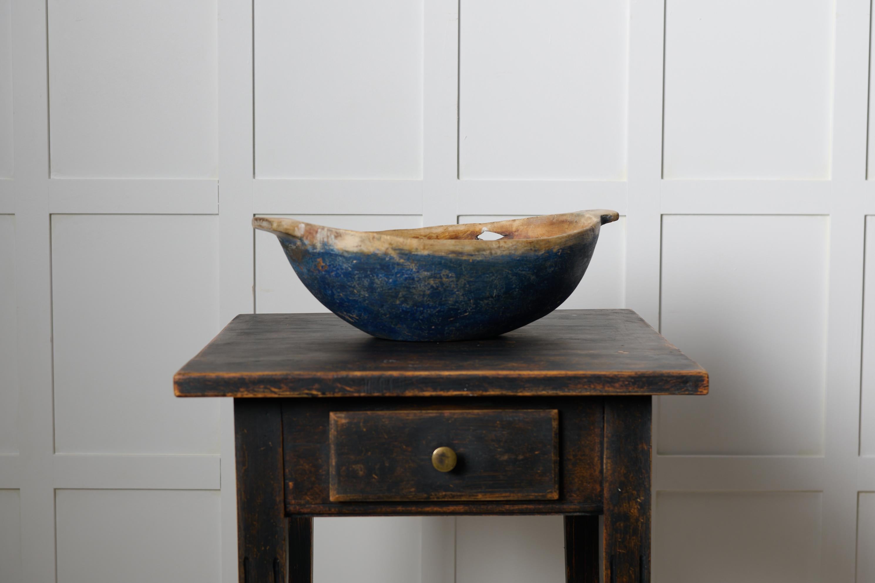 Hand-Crafted Genuine Antique Swedish Wooden Bowl Made by Hand with Original Blue Paint For Sale