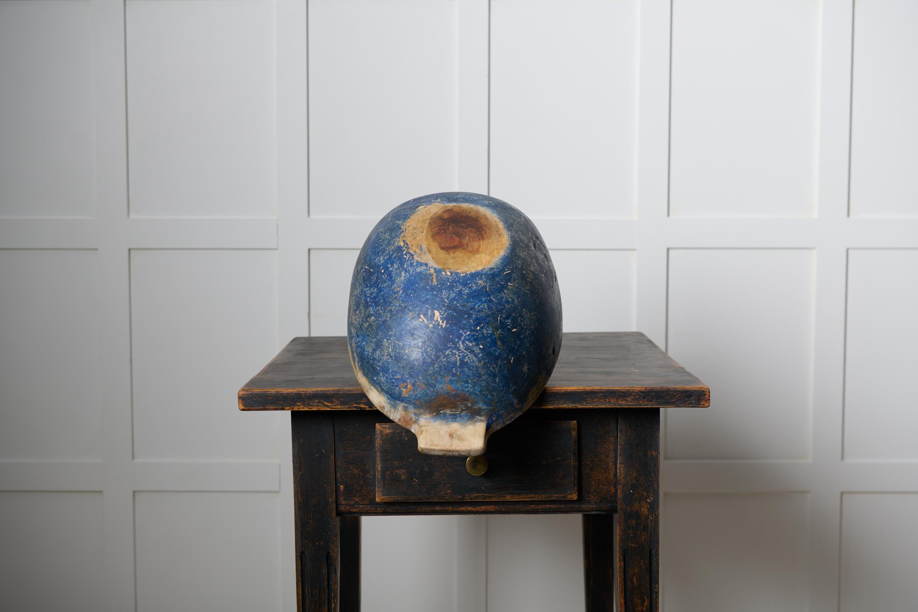 19th Century Genuine Antique Swedish Wooden Bowl Made by Hand with Original Blue Paint For Sale