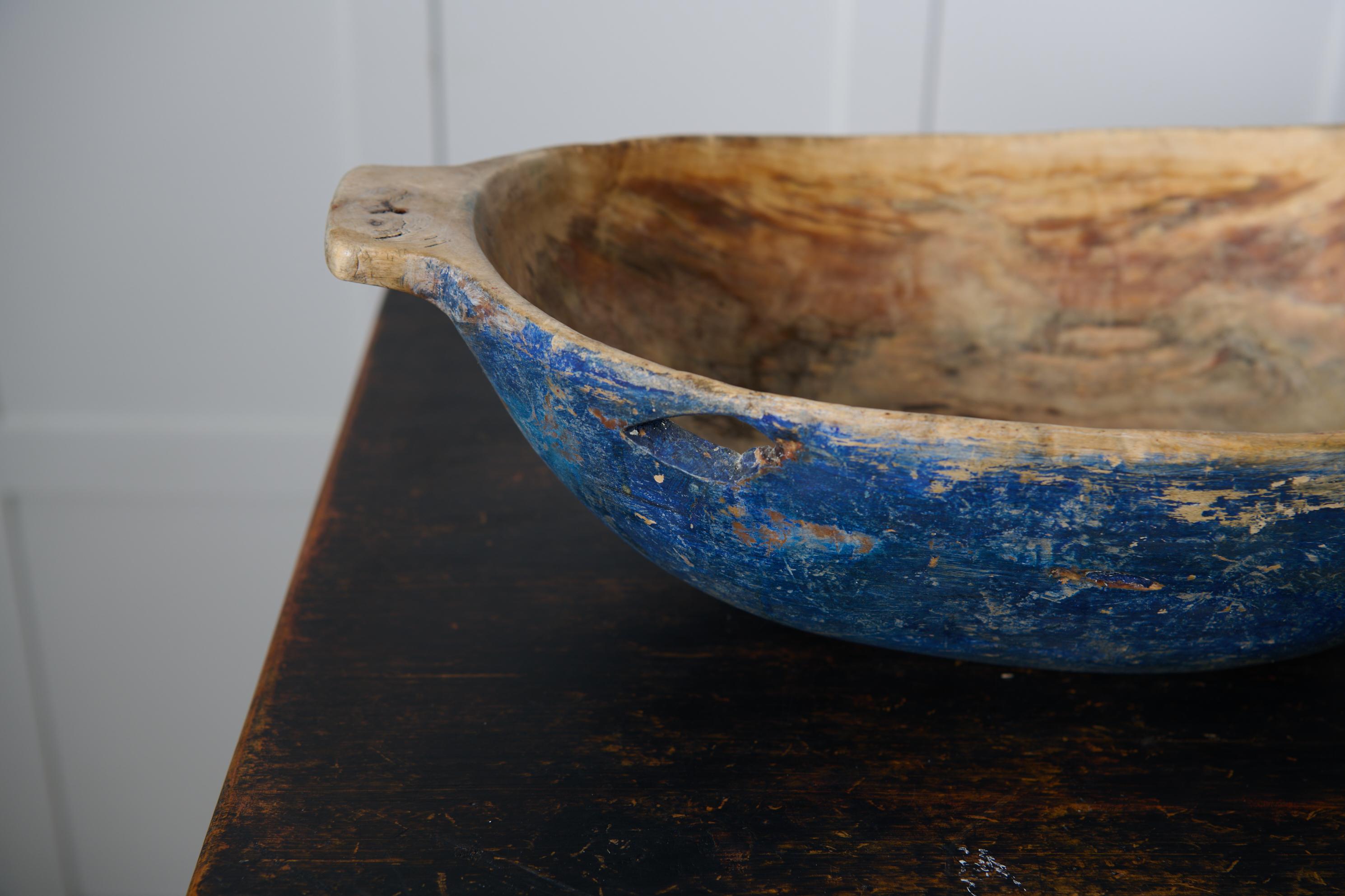 Genuine Antique Swedish Wooden Bowl Made by Hand with Original Blue Paint For Sale 1